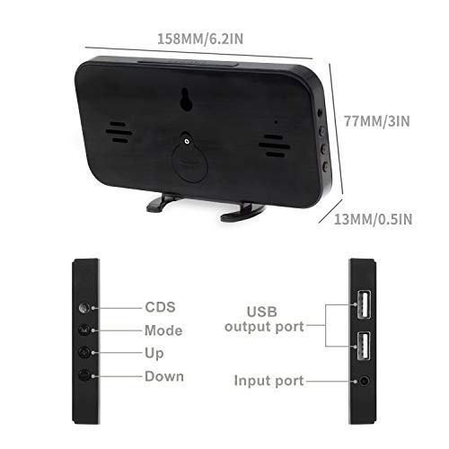 Reloj Despertador Digital LED, Reloj Despertador con Espejo Pantalla de 6.2" Puertos de Carga USB Atenuación Pantalla de 12 / 24H Función de repetición Dormitorio Mesita de Noche Oficina Viaje Regalo