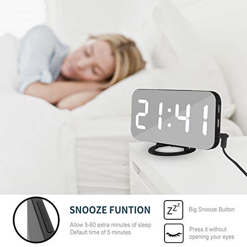 Reloj Despertador Digital LED, Reloj Despertador con Espejo Pantalla de 6.2" Puertos de Carga USB Atenuación Pantalla de 12 / 24H Función de repetición Dormitorio Mesita de Noche Oficina Viaje Regalo