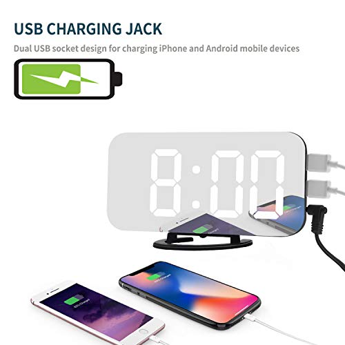 Reloj Despertador Digital LED, Reloj Despertador con Espejo Pantalla de 6.2" Puertos de Carga USB Atenuación Pantalla de 12 / 24H Función de repetición Dormitorio Mesita de Noche Oficina Viaje Regalo