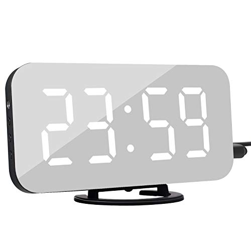 Reloj Despertador Digital LED, Reloj Despertador con Espejo Pantalla de 6.2" Puertos de Carga USB Atenuación Pantalla de 12 / 24H Función de repetición Dormitorio Mesita de Noche Oficina Viaje Regalo