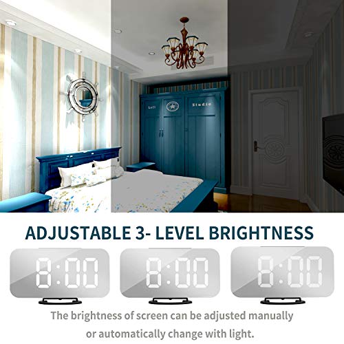 Reloj Despertador Digital LED, Reloj Despertador con Espejo Pantalla de 6.2" Puertos de Carga USB Atenuación Pantalla de 12 / 24H Función de repetición Dormitorio Mesita de Noche Oficina Viaje Regalo
