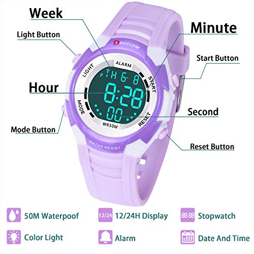 Relojes de Pulsera Electrónicos para Niños Niños Digital Relojes Deportes–5 ATM Reloj Deportivo Impermeable al Aire Libre con Alarma Cronómetro Luces de Colores de Fondo (Morado)
