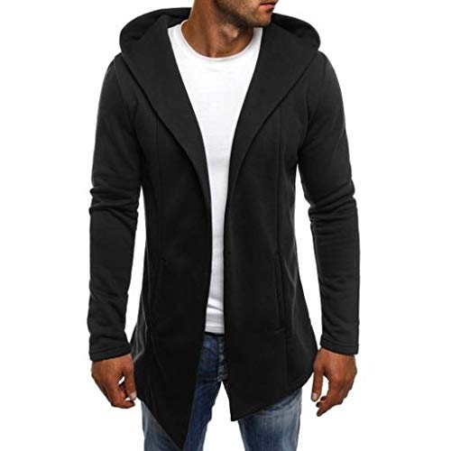Reooly Abrigo de Trinchera de Color sólido con Capucha para Hombres Chaqueta Larga Cárdigan Manga Larga(Negro,Large)