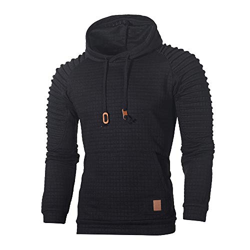 Reooly Sudadera con Capucha de Cuadros Escoceses de Manga Larga para Hombre Sudadera con Capucha Top Camiseta con Bolsillo(Negro,Large)