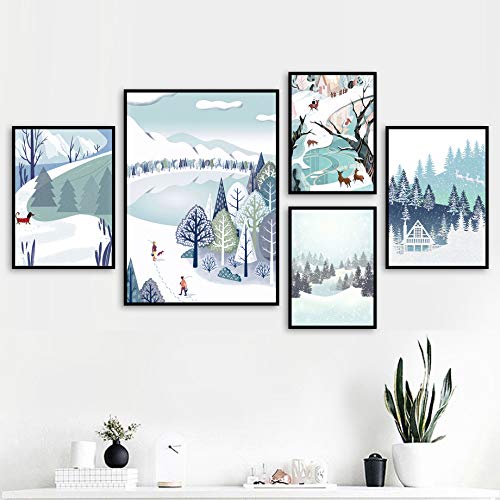 Retro Snow Mountain Forest Lake Ilustración Arte de la pared Pintura de la lona Cartel Imagen de la sala 60X80 cm