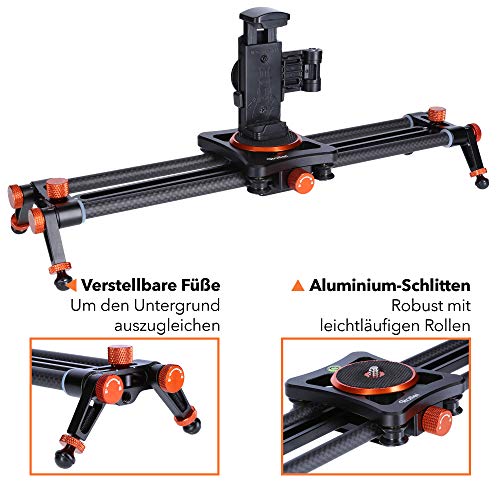 Rollei 34cm Carbon Smartphone Slider I Camera Dolly con capacidad de carga de 1.5kg I Impresionantes movimientos de cámara y grabaciones de vídeo con deslizador de cámara compacto
