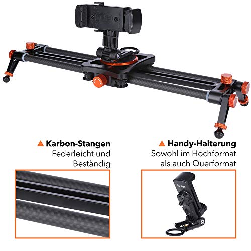 Rollei 34cm Carbon Smartphone Slider I Camera Dolly con capacidad de carga de 1.5kg I Impresionantes movimientos de cámara y grabaciones de vídeo con deslizador de cámara compacto