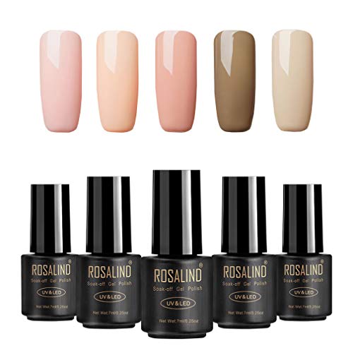 ROSALIND color nude UV esmalte en gel para uñas semi-permanente Manicura para uso personal y profesional Top coat Base coat 5 Botellas 7ml