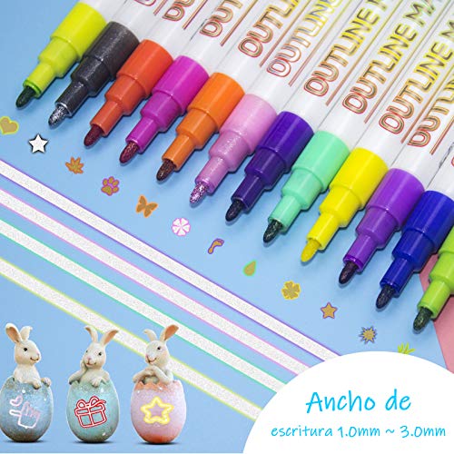 Rotuladores de Pintura Acrílica, BOIROS 24 Piezas Rotuladores Acuarelables Rotulador Permanente Lápiz de Contorno de Doble Línea para Pintar Piedras, Tarjeta de Regalo, Bolígrafos de Bibujo