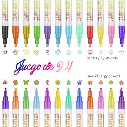 Rotuladores de Pintura Acrílica, BOIROS 24 Piezas Rotuladores Acuarelables Rotulador Permanente Lápiz de Contorno de Doble Línea para Pintar Piedras, Tarjeta de Regalo, Bolígrafos de Bibujo