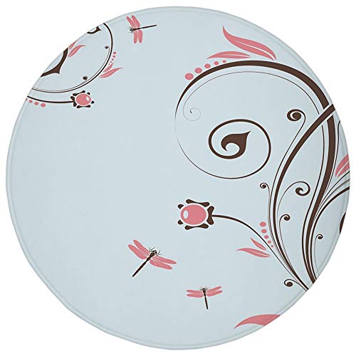 Round Rug Mat Carpet,Dragonfly,Swirled Shabby Chic Blossom Branches Fragrance Essence Theme,Dark Brown Baby Blue Light Pink,Flannel Microfiber Non-slip Soft Absorbent,for Kitchen Floor Bathroom