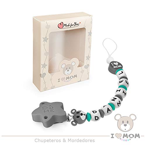 RUBY - Chupetero Personalizado ILOVEMOM para Bebe con Nombre Bola Silicona Antibacteriana con Pinza de Acero Inoxidable (Gris)