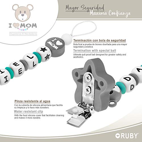 RUBY - Chupetero Personalizado ILOVEMOM para Bebe con Nombre Bola Silicona Antibacteriana con Pinza de Acero Inoxidable (Gris)