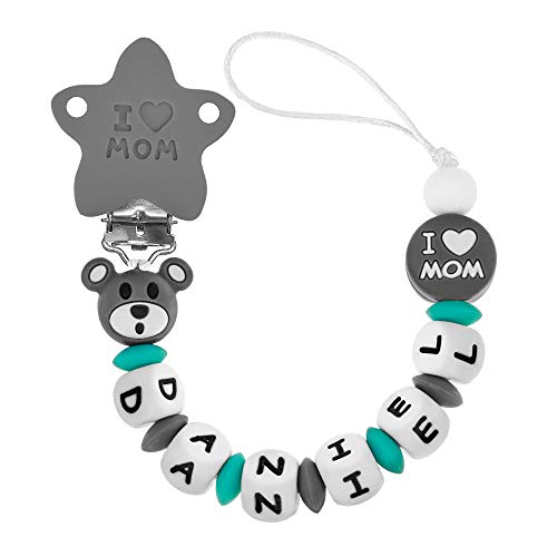 RUBY - Chupetero Personalizado ILOVEMOM para Bebe con Nombre Bola Silicona Antibacteriana con Pinza de Acero Inoxidable (Gris)