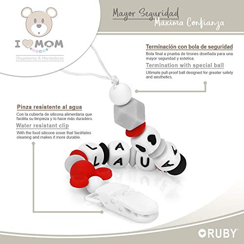 RUBY - Chupetero Personalizado para Bebe con Nombre Bola Silicona Antibacteriana con Pinza de plástico (Rojo)