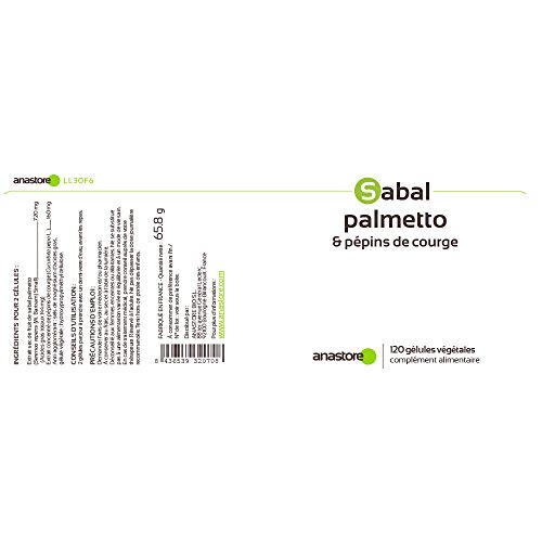 SABAL PALMETTO Y PEPITAS DE CALABAZA * 440 mg / 120 cápsulas vegetales * 100 % natural * Benéfico para la próstata y el sistema urinario * Fabricado en Francia * Calidad controlada por certificado de análisis * Garantía de satisfacción o reembolso