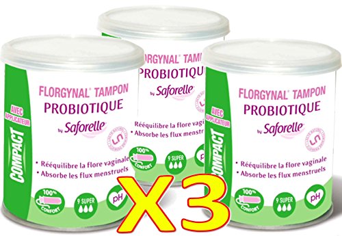 Saforelle Florgynal - Lote de 3 cajas pequeñas de tampones probióticos periódicos, con aplicador, súper, caja de 9