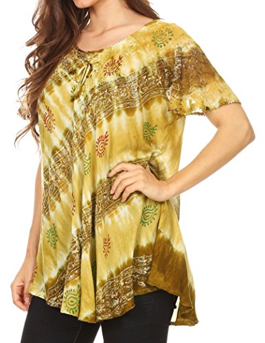 Sakkas 18708 - Blusa Flavia para Mujer Everyday con teñido Anudado y Block Print Light y Soft - Aguacate - OS