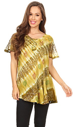 Sakkas 18708 - Blusa Flavia para Mujer Everyday con teñido Anudado y Block Print Light y Soft - Aguacate - OS