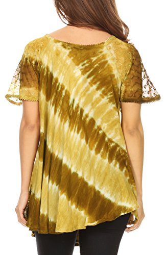 Sakkas 18708 - Blusa Flavia para Mujer Everyday con teñido Anudado y Block Print Light y Soft - Aguacate - OS