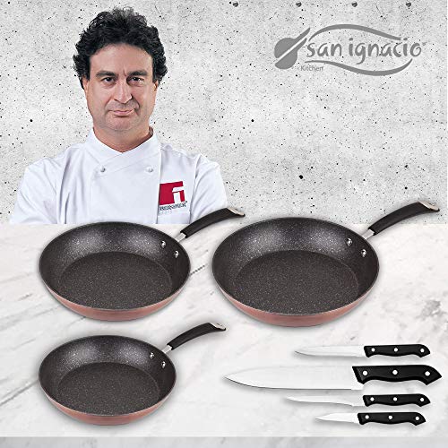 San Ignacio Premium Moma Set 3 sartenes + 4, Aluminio Forjado, 3 Piezas + Cuchillos