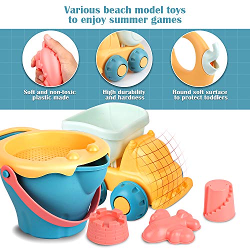 Sanlebi 16 Piezas Juguetes de Playa para Niños, Juegos Playa con Cubo Playa Palas Rastrillo Moldes de Arena, Niños Material Plastico Juguetes Arena