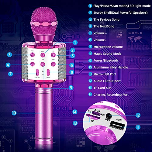 SaponinTree Microfono Inalámbrico Karaoke, Micrófono Karaoke Bluetooth Portátil con Altavoz con Luces de Baile LED para Niños Canta Partido Musica Reproductor