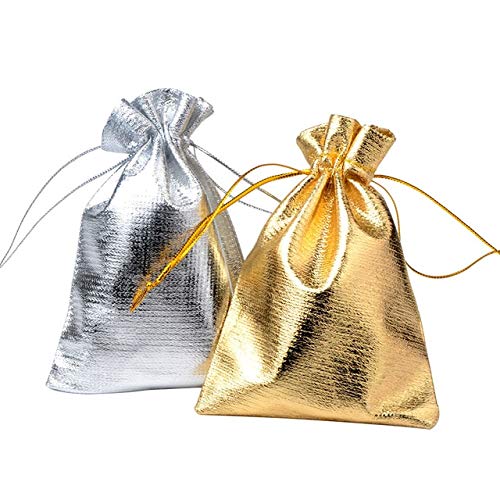 SASDA 50pcs / Bag 7x9cm 9x12cm 10x15cm de Asas del Bolso de Plata Ajustable pequeñas Bolsas de Regalo pequeña joyería de Oro de la Cinta/Terciopelo Color, Regalo de Boda Pocket PC,Oro,9x12cm