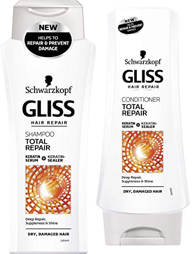 Schwarzkopf Gliss Total Repair Shampoo for Dry, Damaged Hair 250ml and Total Repair Conditioner for Dry, Damaged Hair 200ml Duo Set - with Liquid Keratin by Total Glis
