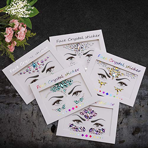 SenPuSi Face Gem Stickers, Konsait 5 piezas Etiqueta engomada de diamantes de imitación Cara Joyas Pegatinas cara cristal Tatuajes Temporales Maquillaje Festival Fiesta