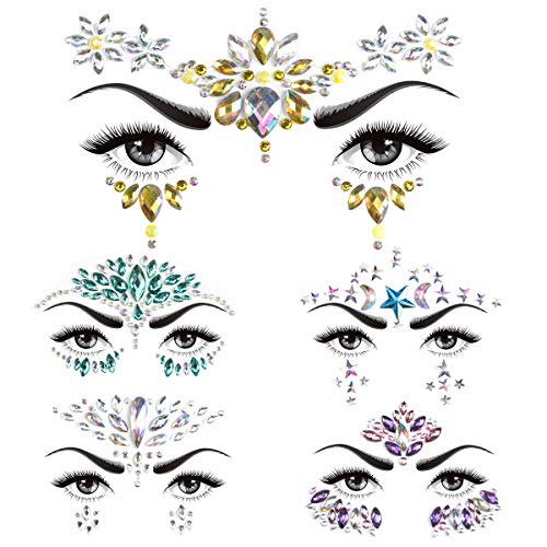 SenPuSi Face Gem Stickers, Konsait 5 piezas Etiqueta engomada de diamantes de imitación Cara Joyas Pegatinas cara cristal Tatuajes Temporales Maquillaje Festival Fiesta