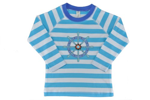 SENSE ORGANICS Turid L/S Button Neck T-Shirt Maglia a Maniche Lunghe, Bleu (Block Aqua Stripe with Applique), 3 años para Niñas