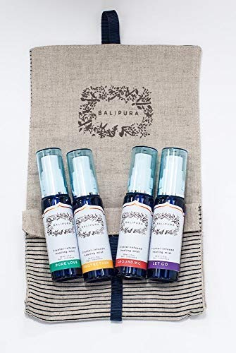 Set de Regalo de Mezclas curativas de Cristales curativos con aceites Esenciales orgánicos: Amor Puro, Protección, Dejar IR y Puesta a Tierra 4 x 30 ml / 1 FL.oz en una Bolsa de Lino