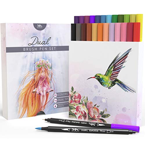 Set de rotuladores con doble punta de pincel- 24 colores - alta calidad, crea un efecto acuarela - Ideal para libros para colorear para adultos, manga, comic, caligrafía - MozArt Supplies