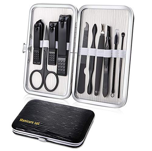 Set Manicura Profesional Cortaúñas Acero Inoxidable Grooming Kit para viajar - Set de 10 Piezas para Manicura y Pedicura (Negro)