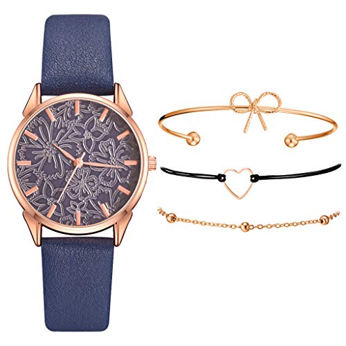 Sets de Reloj y Pulsera Mujer Casual Moda Relojes de Cuarzo para Mujer Adolescentes Chica Regalo de San Valentín para Amante,Relojes 1PC y Pulsera 3PC (A_Azul)