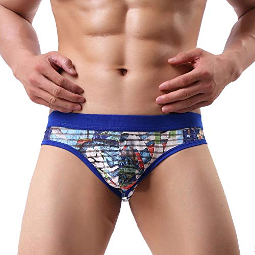 Sexy Ropa Interior Hombres Impreso Hielo Calzoncillos de Seda Bragas de Poca Altura, de Guy Slip Calzoncillos, E Azul Oscuro, M