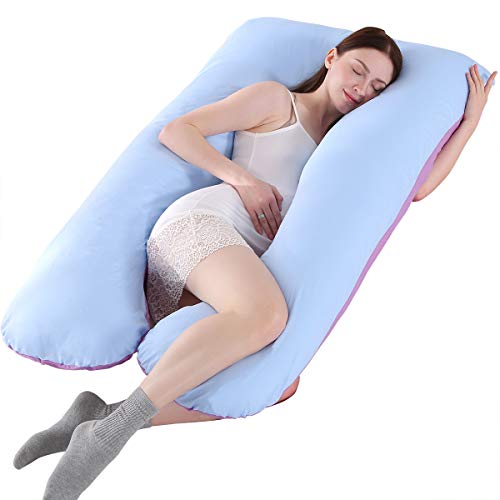 SHANNA - Almohada extragrande para adultos, almohada corporal para embarazadas y maternidad, en forma de U, con funda extraíble y lavable, 70 x 130 cm, algodón, Azul + morado., 70*130CM