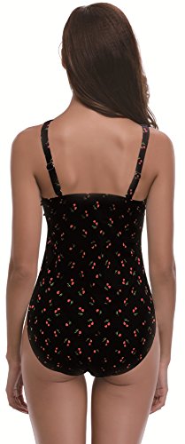 SHEKINI Mujer Ajustable Traje de baño Relleno Bañador Arruga de una Pieza Push up Malla (S, Impresión de Cereza)