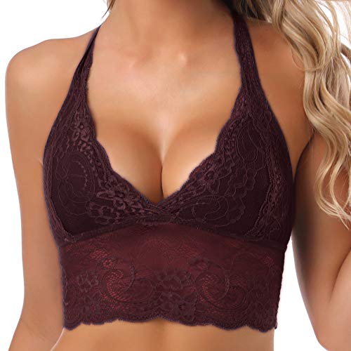 SHEKINI Sujetador Bralette Blonda Estilo Top Triangular de Encaje Crochet Lace sin Aro con Relleno Extraíble y Tirantes Cruzados no Ajustables sin Cierre para Mujer (Púrpura, S)
