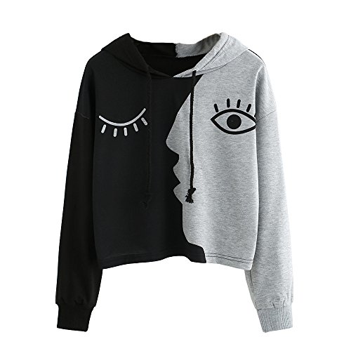 SHOBDW Moda Mujeres Señoras Animal Lindo Ojos de Impresión Elegante Sudadera Blusa Patchwork Pullover Tops Otoño Invierno de Manga Larga con Capucha (Gris,M)
