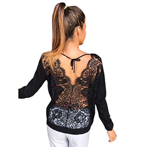 SHOBDW Mujeres de Manga Larga sólido sin Espalda O-Cuello de Encaje Sexy Sudadera Pullover Tops Blusa de otoño Camisa(Negro,S)