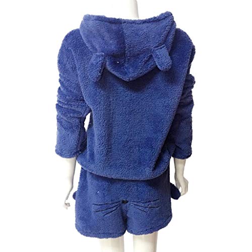 SHOBDW Ropa de Dormir Las Mujeres De Franela Suave Color Sólido Cálido Invierno Conjunto De Dos Piezas Lindo Gato Mullido Felpa Pijamas Pantalones Capucha Ropa De Salón(Azul,5XL)