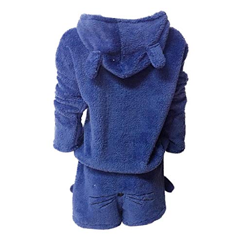 SHOBDW Ropa de Dormir Las Mujeres De Franela Suave Color Sólido Cálido Invierno Conjunto De Dos Piezas Lindo Gato Mullido Felpa Pijamas Pantalones Capucha Ropa De Salón(Azul,5XL)