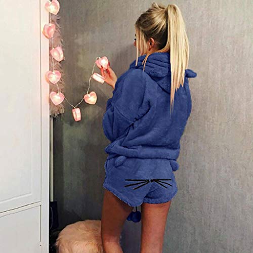SHOBDW Ropa de Dormir Las Mujeres De Franela Suave Color Sólido Cálido Invierno Conjunto De Dos Piezas Lindo Gato Mullido Felpa Pijamas Pantalones Capucha Ropa De Salón(Azul,5XL)