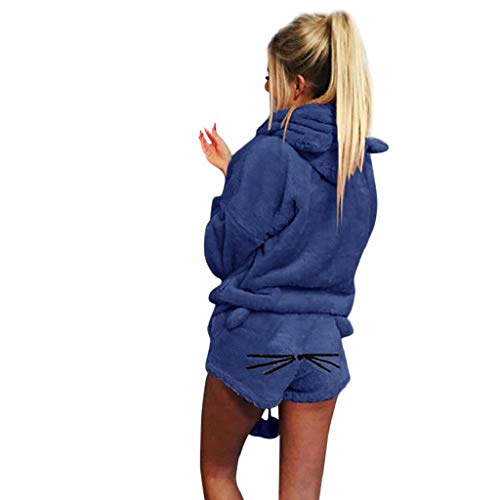 SHOBDW Ropa de Dormir Las Mujeres De Franela Suave Color Sólido Cálido Invierno Conjunto De Dos Piezas Lindo Gato Mullido Felpa Pijamas Pantalones Capucha Ropa De Salón(Azul,5XL)
