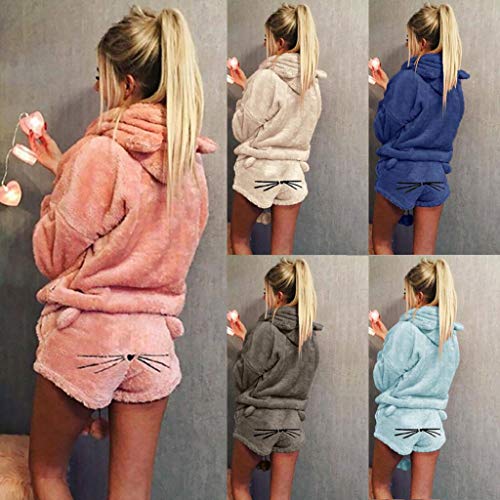 SHOBDW Ropa de Dormir Las Mujeres De Franela Suave Color Sólido Cálido Invierno Conjunto De Dos Piezas Lindo Gato Mullido Felpa Pijamas Pantalones Capucha Ropa De Salón(Azul,5XL)