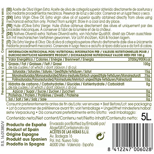 Sierra de Utiel - Aceite de Oliva Virgen Extra Premium - Garrafa PET (5 l) - Producto Natural Origen España