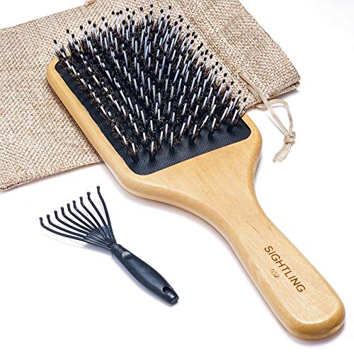 SIGHTLING Cepillo de pelo de Madera Desenredador/Estilizador de Cerdas de Jabalí con Herramienta Removedora de Cabello - puede ser utilizado para el secado al aire y para el alisado
