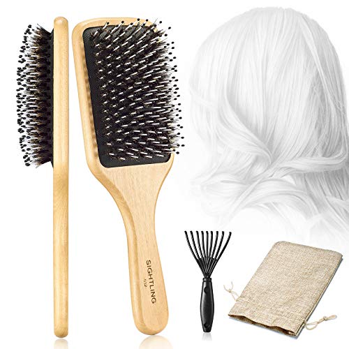 SIGHTLING Cepillo de pelo de Madera Desenredador/Estilizador de Cerdas de Jabalí con Herramienta Removedora de Cabello - puede ser utilizado para el secado al aire y para el alisado
